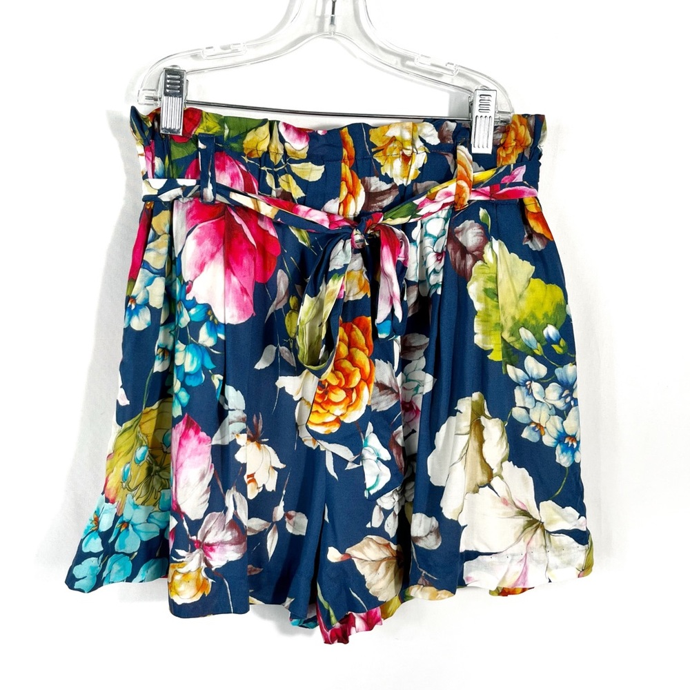 Lavender Brown Blue Floral Linen Blend High Rise Tie Waist Paper Bag Shorts S